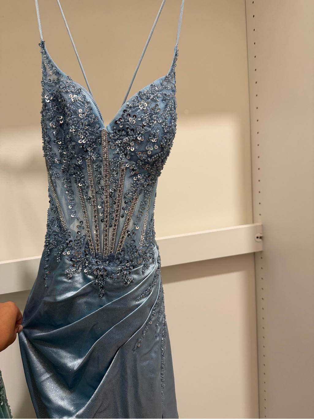 Embellished Spaghetti-Strap Evening Gown - Light Blue